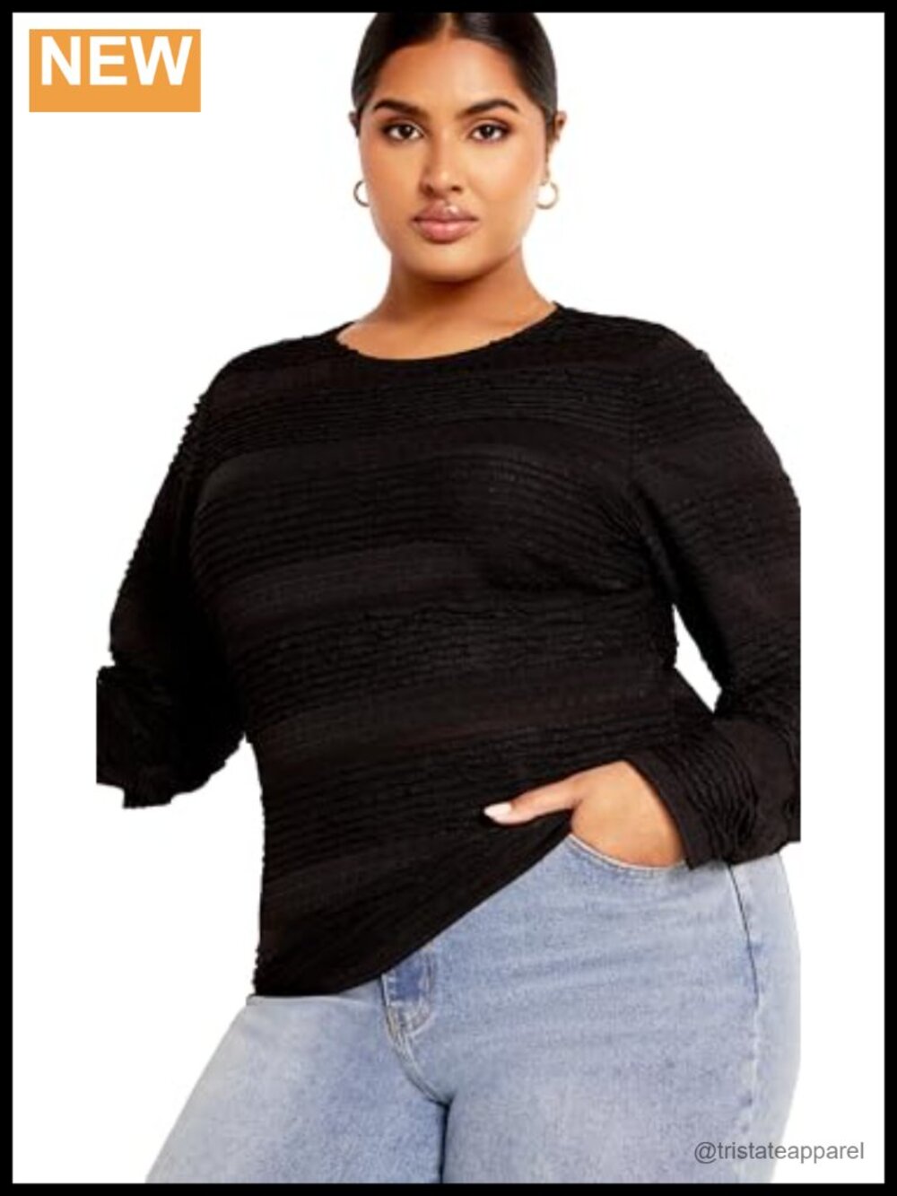 Plus Size Frill Long Sleeve Blouse - Stretch Fabric, Scoop Neck, Button Back